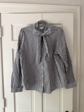 J. Crew Factory Navy & White Striped Tie-Neck Button-Up Shirt